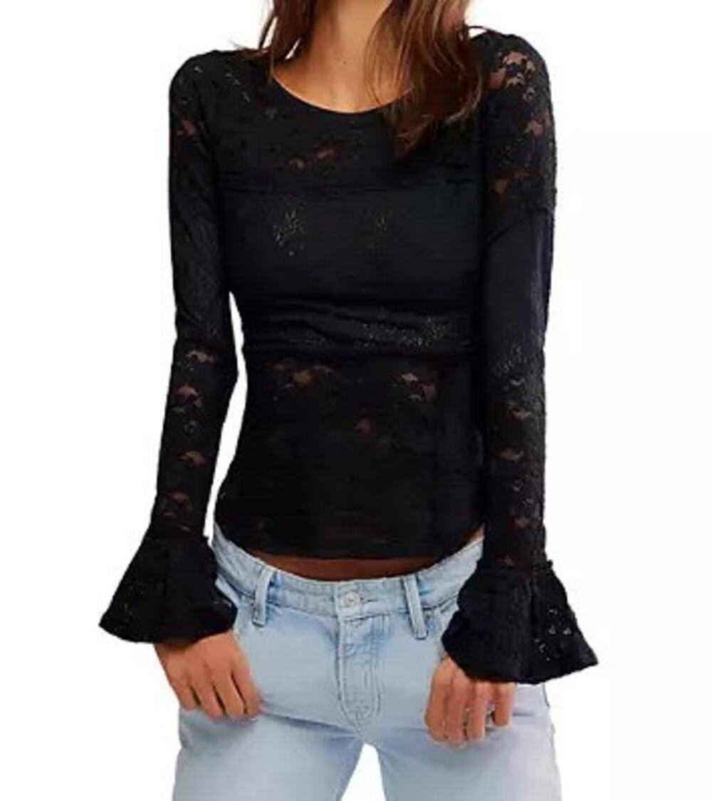 Free People Romantic Black Layering Sheer Lace Long Sleeve Blouse - Small